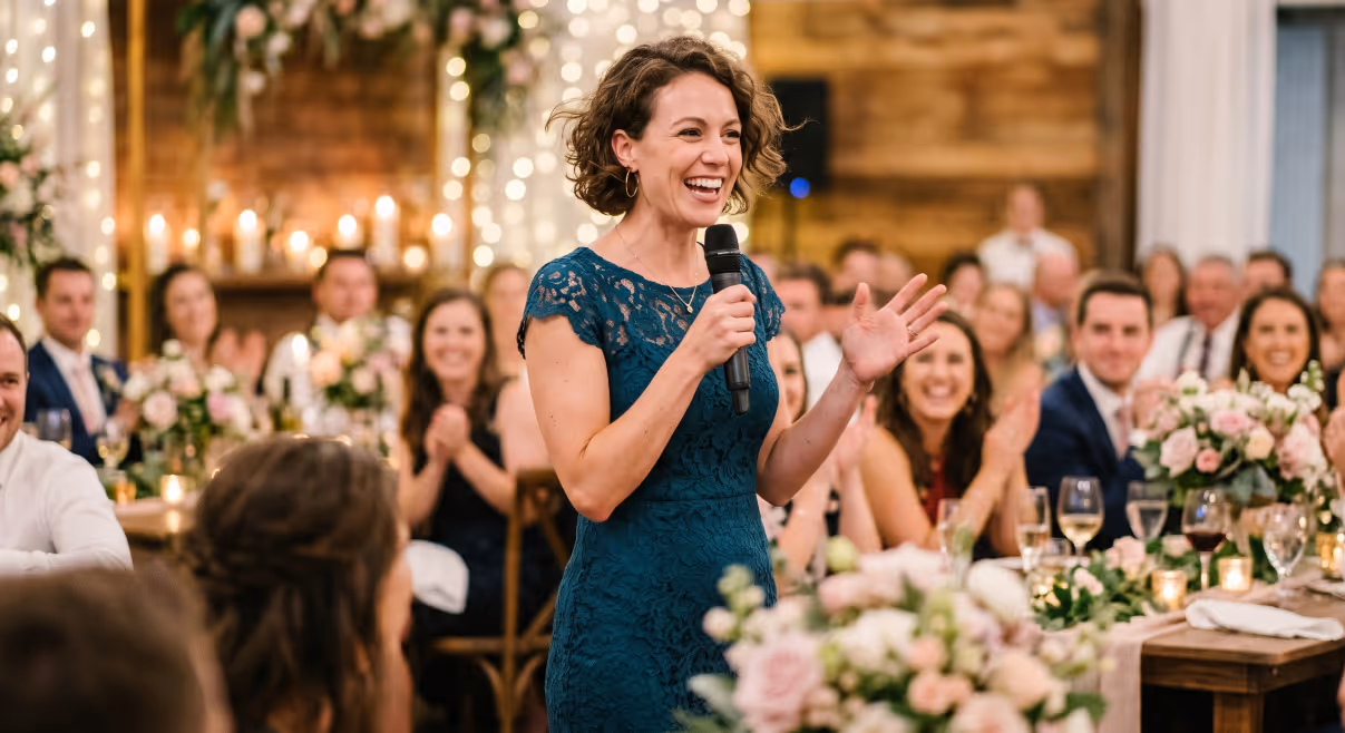 A woman in a green dress smiles as she speaks into a microphone at a reception