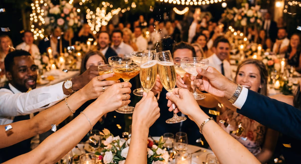 Guests raise and clink champagne glasses over a wedding table