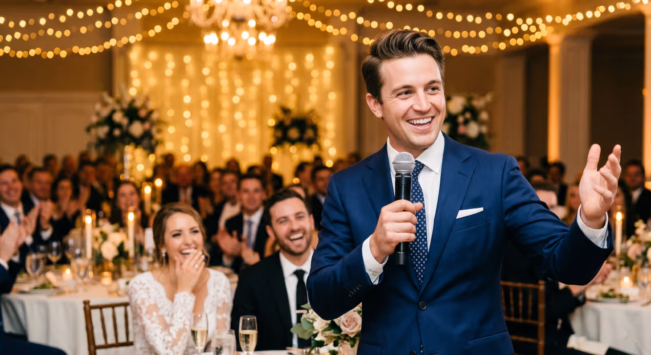 A man in a blue suit gives a toast with a microphone at a wedding reception